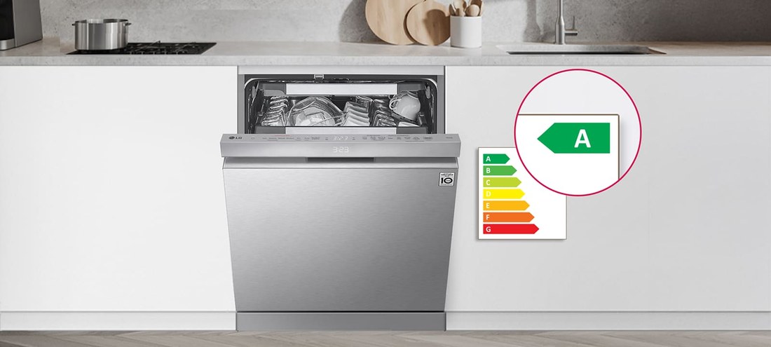 LG DF375HMS installed in kitchen with Energy Class A rating