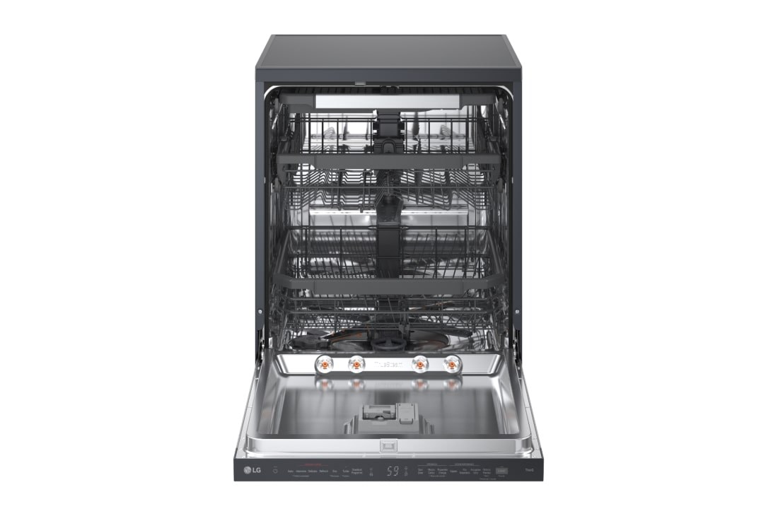 LG DF375HMS open door showing QuadWash spray arms