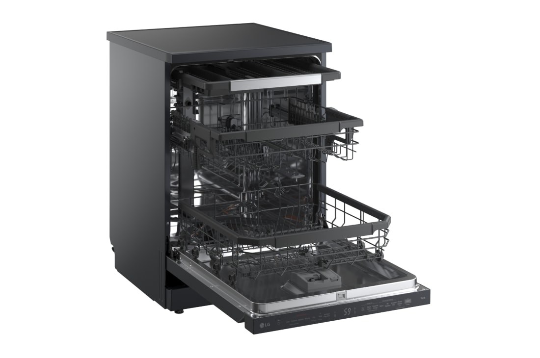 LG DF375HMS angled view of three adjustable racks