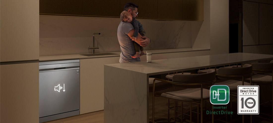 LG DF375HMS running quietly in a kitchen at night