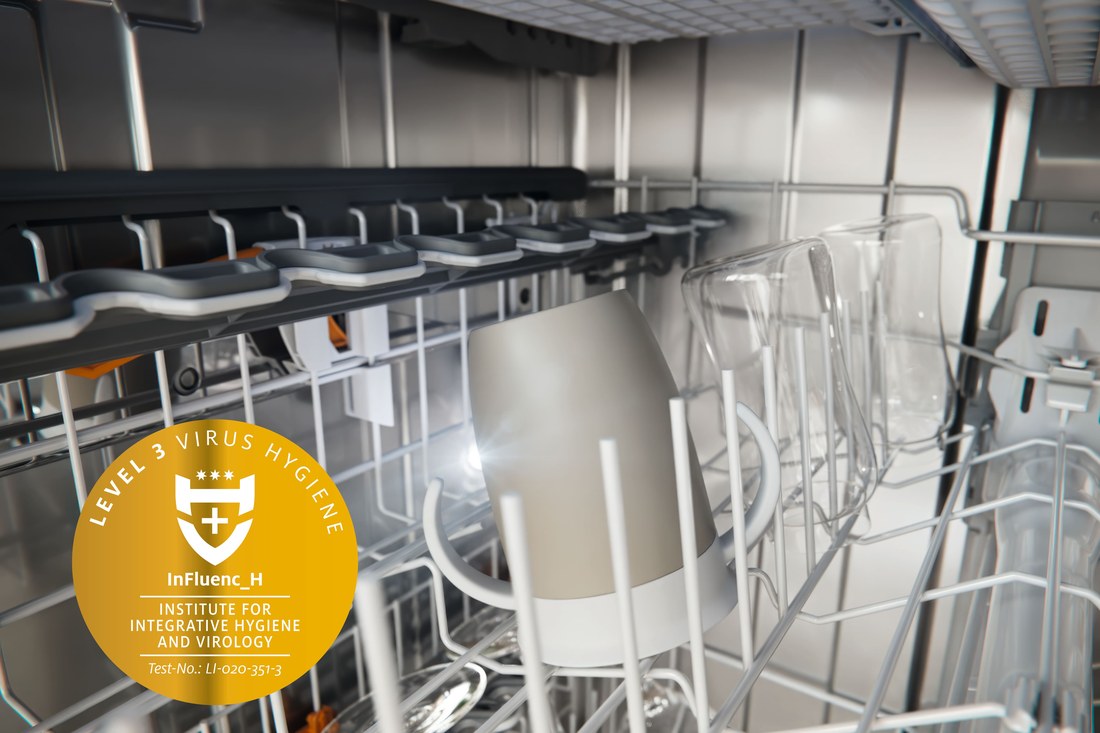 Miele dishwasher interior with Level 3 Virus Hygiene certification badge