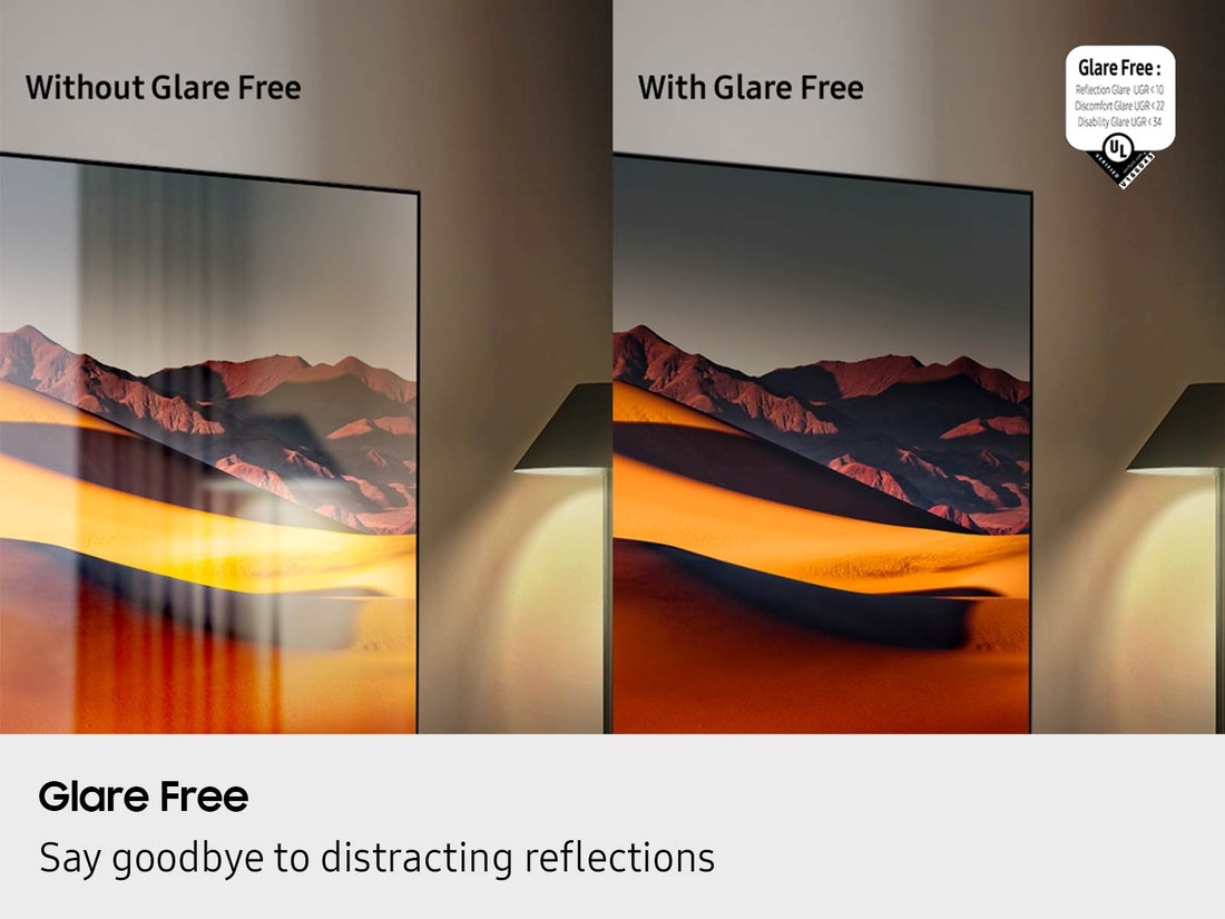 Samsung Glare Free technology comparison, with and without anti-reflection coating