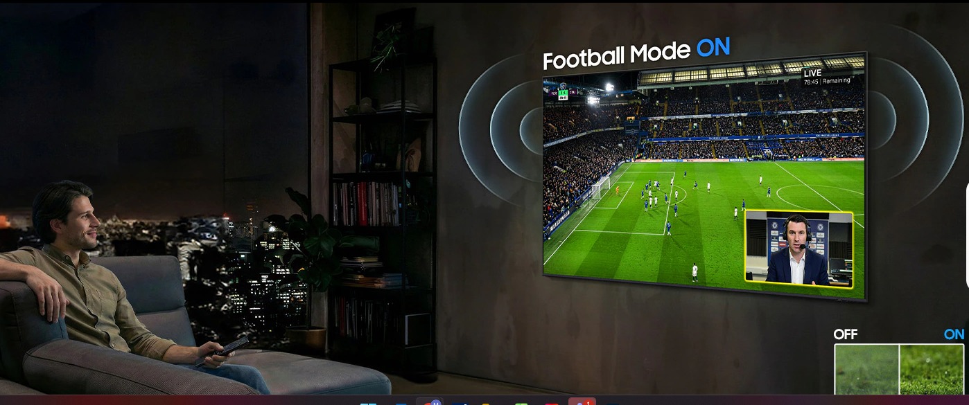 Samsung TV showing Football Mode on with a live match on screen
