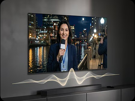 Samsung TV with soundbar showing Adaptive Sound wave visualisation